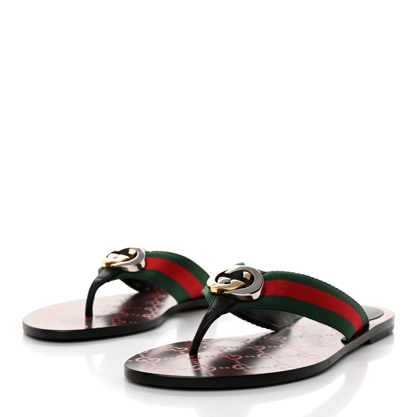 Nylon Calfskin Web GG Monogram Womens Thong Sandals 39 Green Red Cocoa