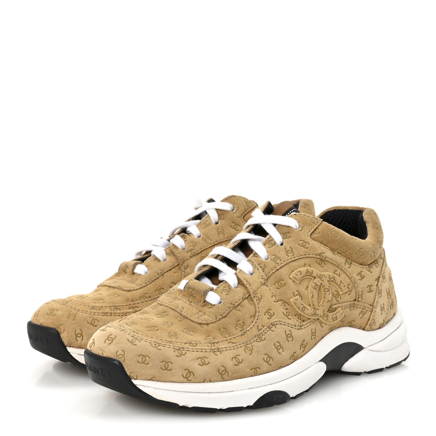 Chanel Nylon Suede Calfskin Printed CC Sneakers 36 Beige 37 Beige 4 of 9