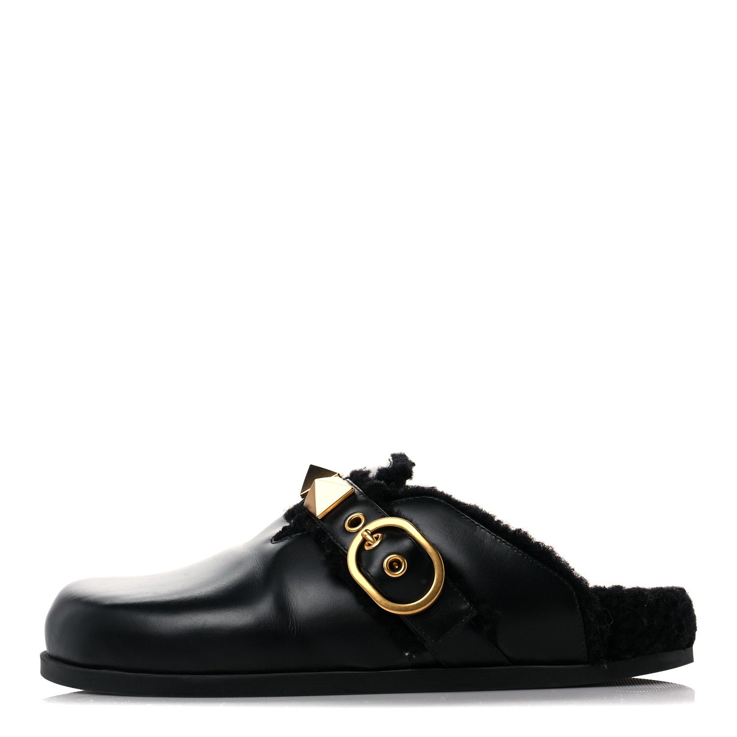 Valentino Garavani Calfskin Shearling Roman Stud River Slippers 36 Black 1 of 7