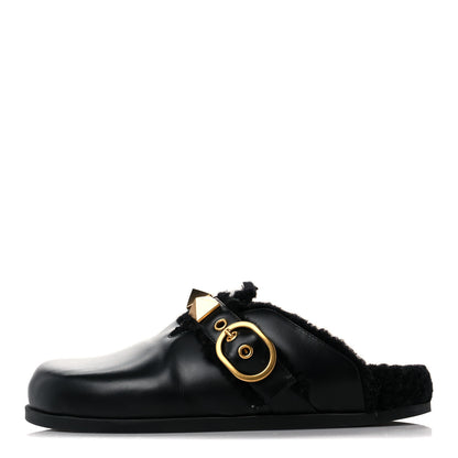 Valentino Garavani Calfskin Shearling Roman Stud River Slippers 36 Black 1 of 7