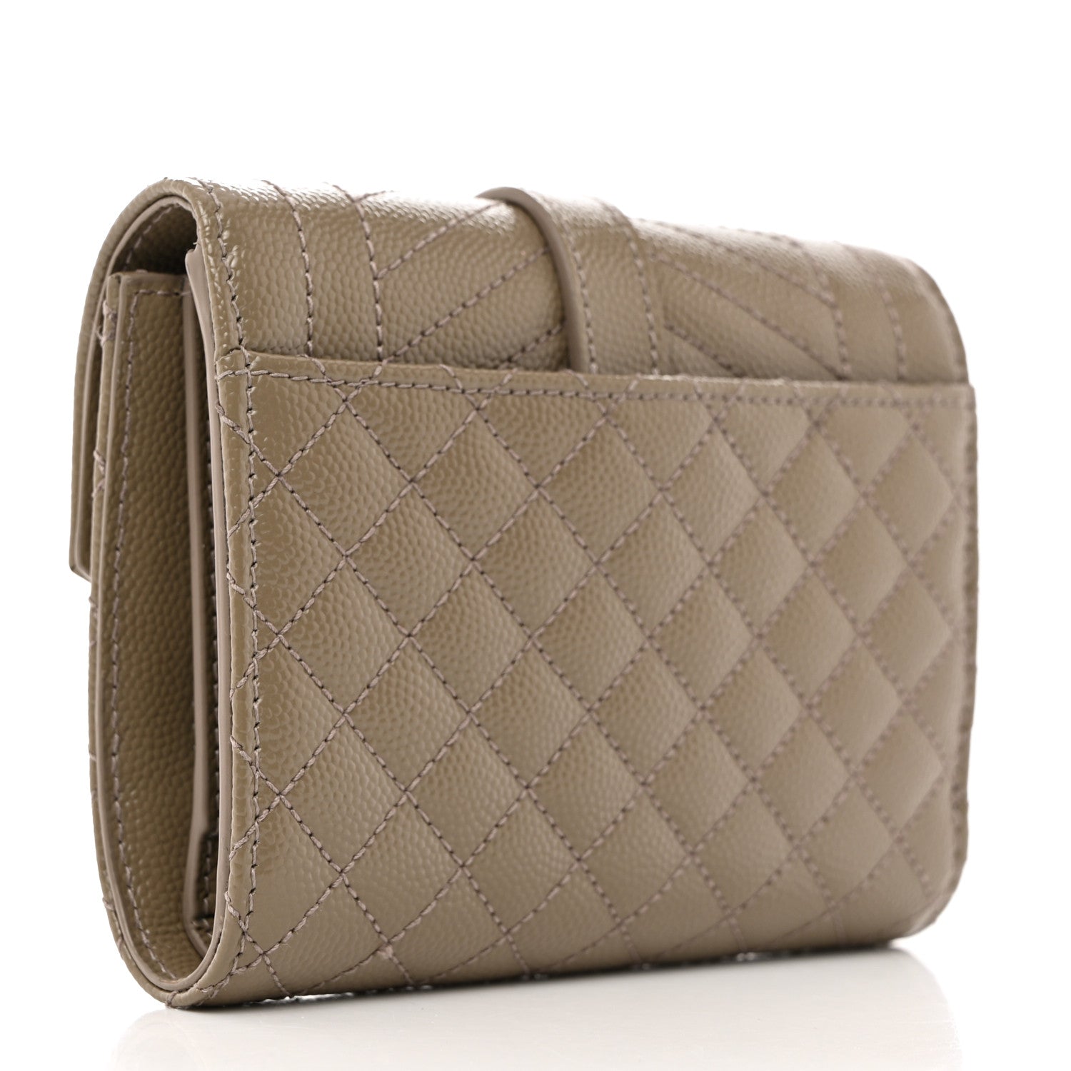 Saint Laurent Grain De Poudre Mixed Matelasse Triquilt Monogram Compact Tri Fold Wallet Greyish Brown 3 of 8