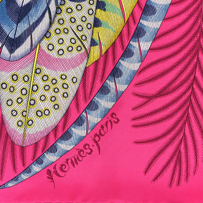 Hermes Silk Plumes En Fete Scarf 90 Rose Vif Bleu Vert 2 of 5