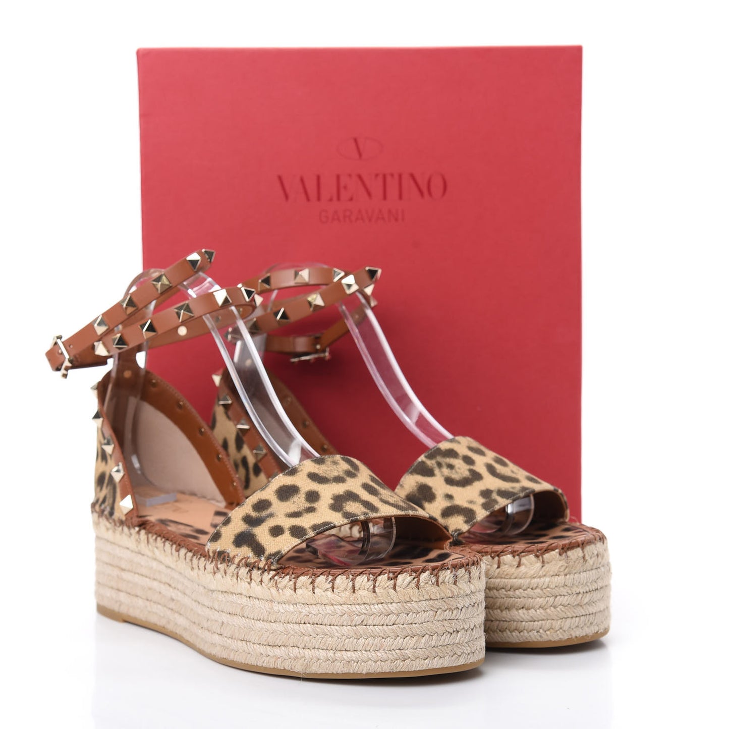 Canvas Leopard Print Rockstud Ankle Wrap Espadrille Flatform Sandals 41 Brown