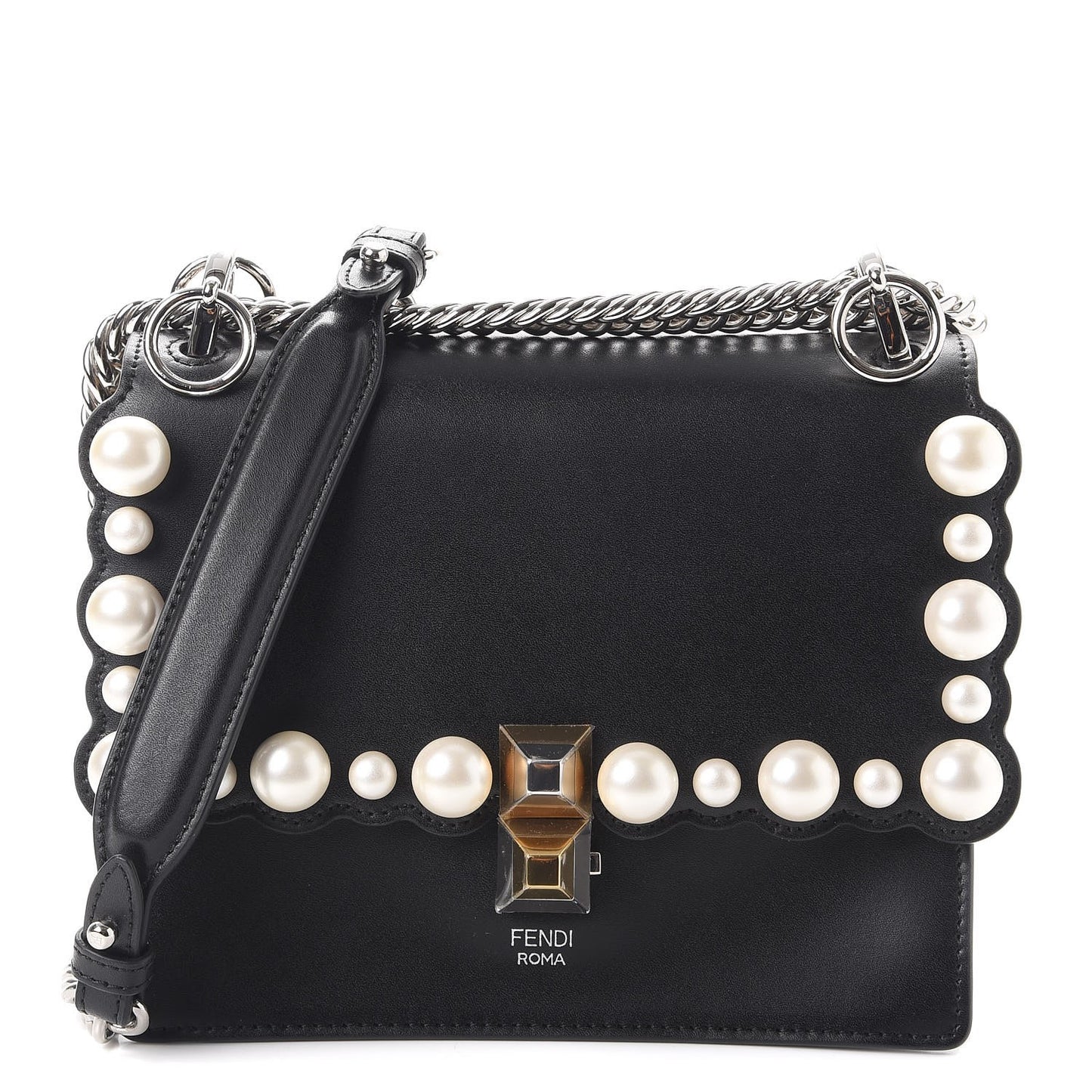 Vitello Liberty Pearl Scalloped Studded Small Kan I Shoulder Bag Black