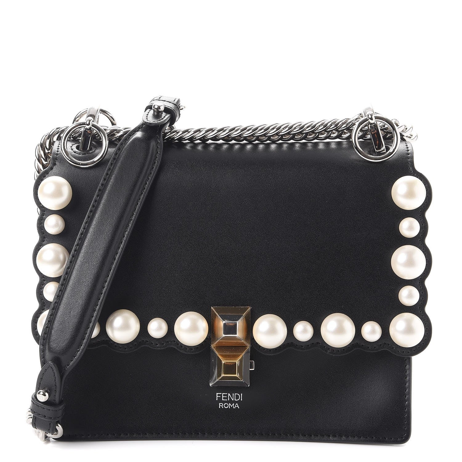 Fendi Vitello Liberty Pearl Scalloped Studded Small Kan I Shoulder Bag Black 1 of 8