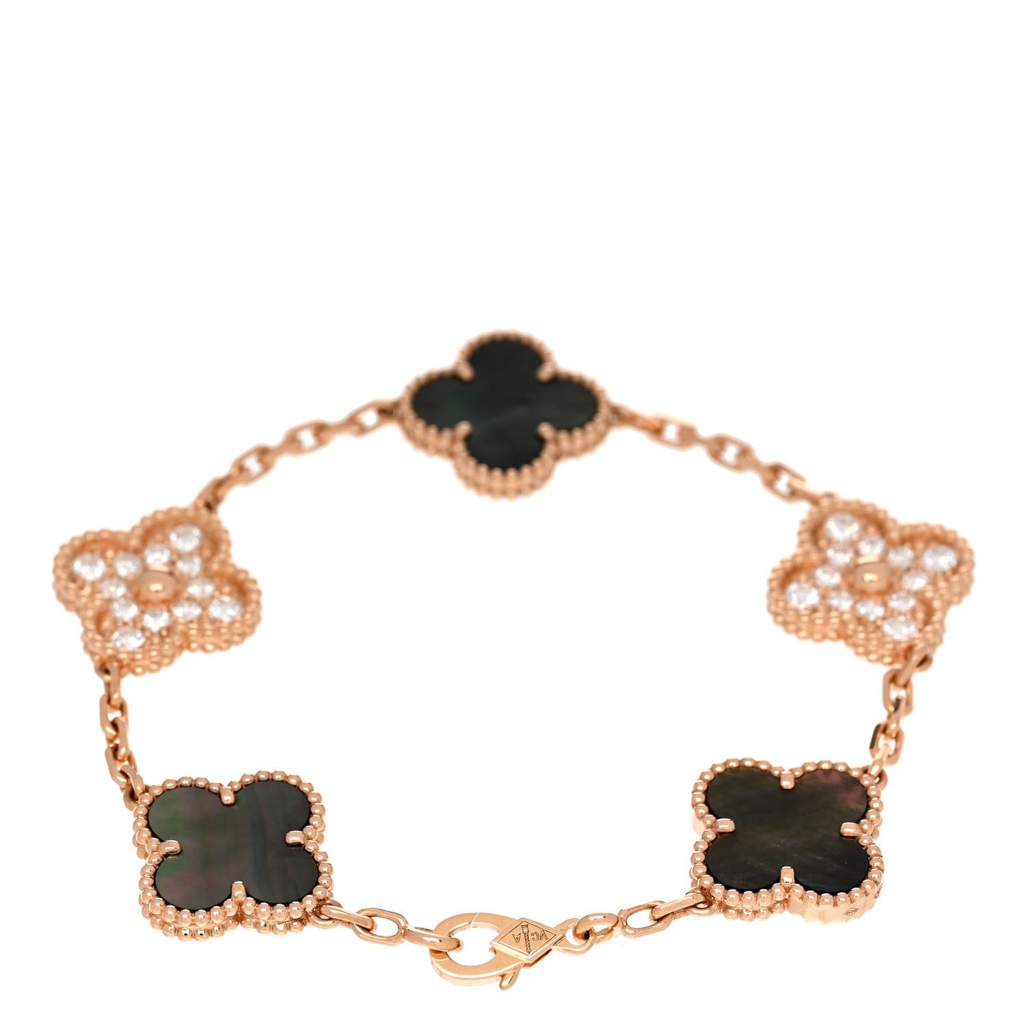18K Rose Gold Diamond Gray Mother of Pearl 5 Motifs Vintage Alhambra Bracelet