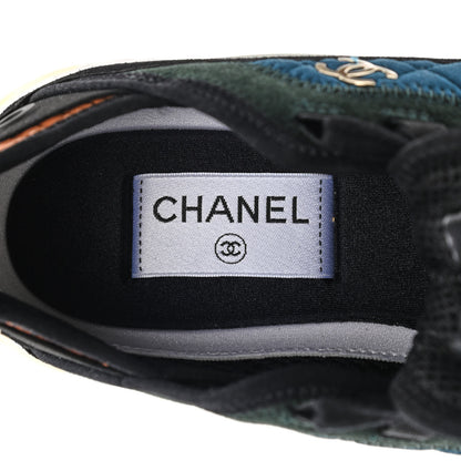 Chanel Fabric Suede Calfskin CC Sneakers 37.5 Dark Blue Dark Green Light Orange 7 of 11