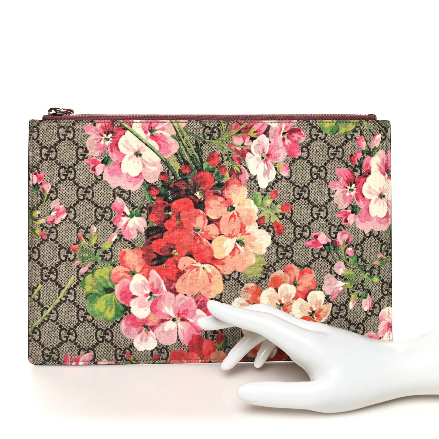 GG Supreme Monogram Blooms Suede Large Zip Pouch Beige Multicolor Dry Rose