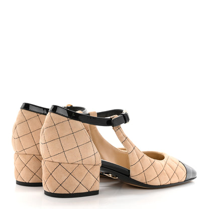 Chanel Suede Kidskin Patent Cap Toe Quilted Mary Jane Flats 39.5 Beige Black 4 of 9