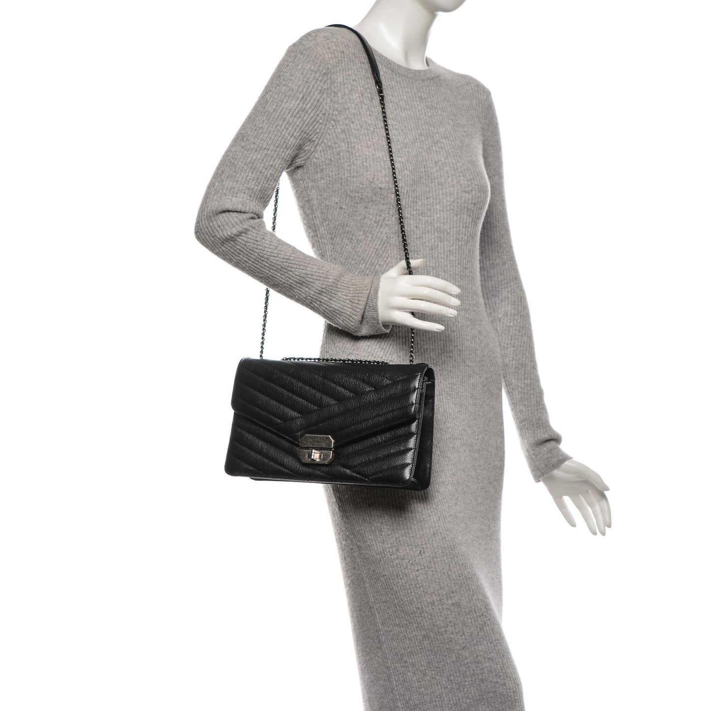 Shiny Goatskin Chevron Quilted Gabrielle Flap Black