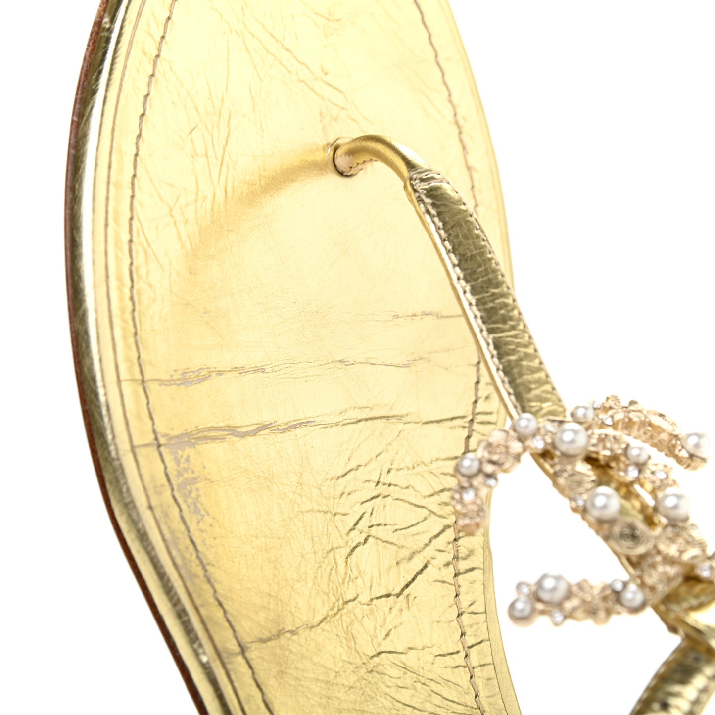 Aged Metallic Calfskin Pearl CC Charm Thong Sandals 40 Gold