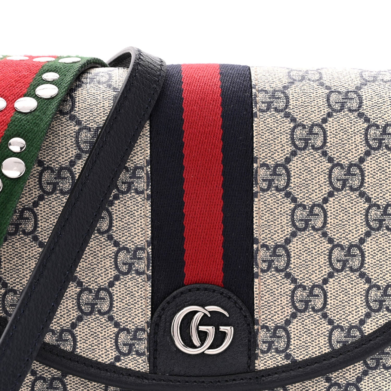 Gucci GG Supreme Monogram Textured Dollar Calfskin Web Studded Mini Ophidia Flap Shoulder Bag Beige Blue 8 of 14