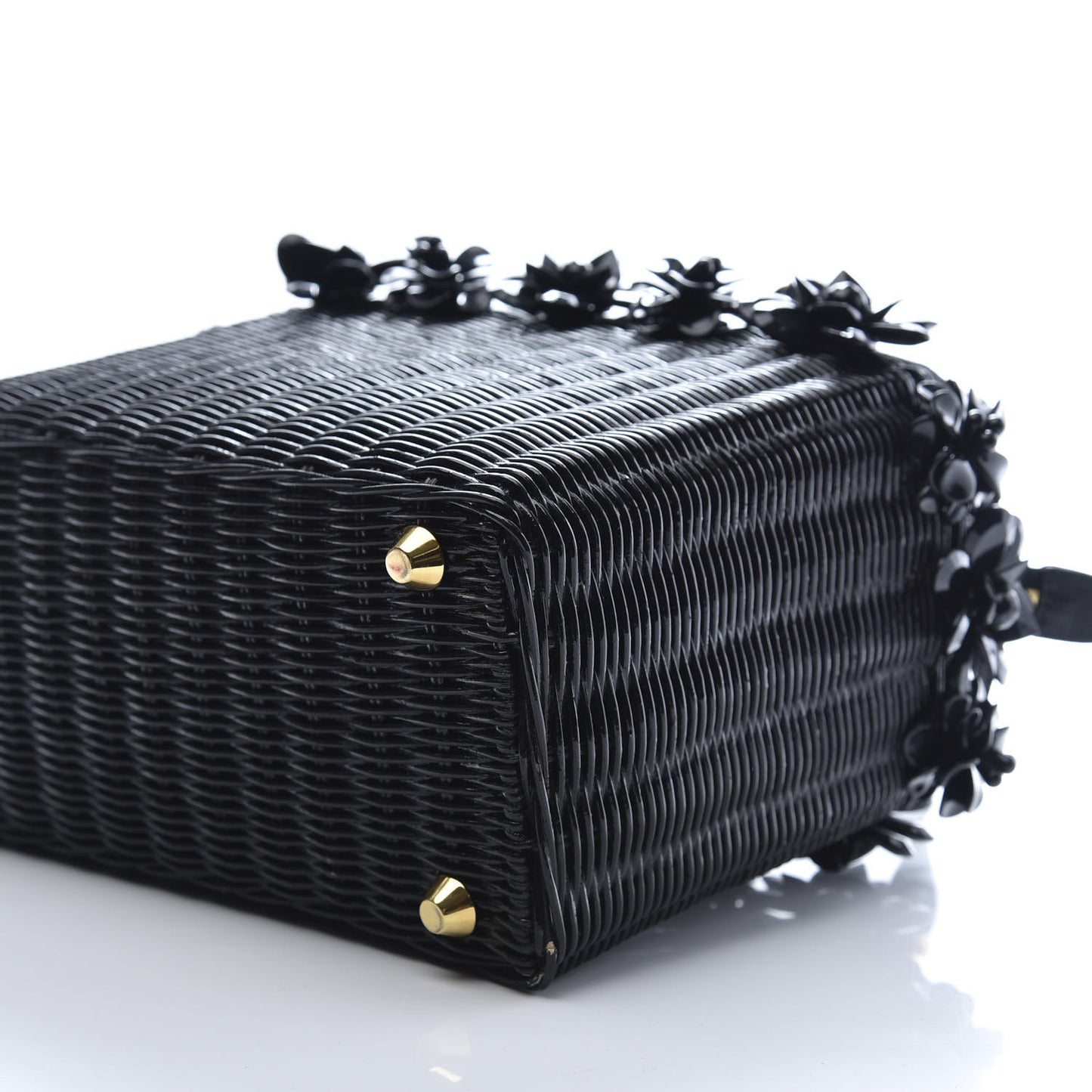 Wicker Canvas Floral Embellished Shoulder Bag Black