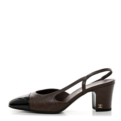 Chanel Calfskin Crocodile Embossed Patent Cap Toe CC Slingback Pumps 39.5 Chocolate Black 1 of 9