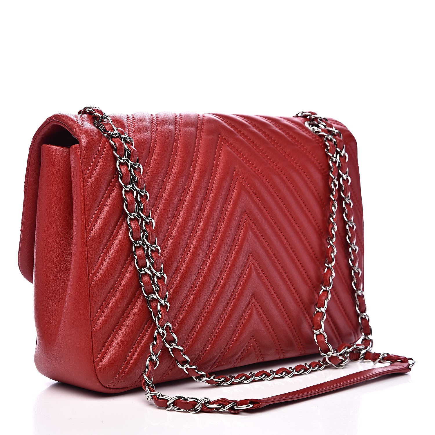 Chanel Lambskin Chevron Double Stitch Jumbo Single Flap Red 3 of 13