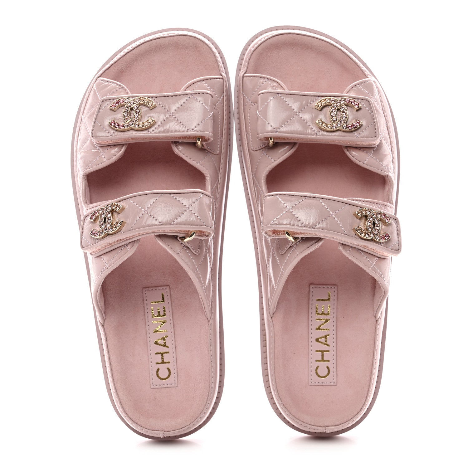 Chanel Shiny Calfskin Crystal Quilted Velcro Dad CC Slide Sandals 38 Light Pink 2 of 8