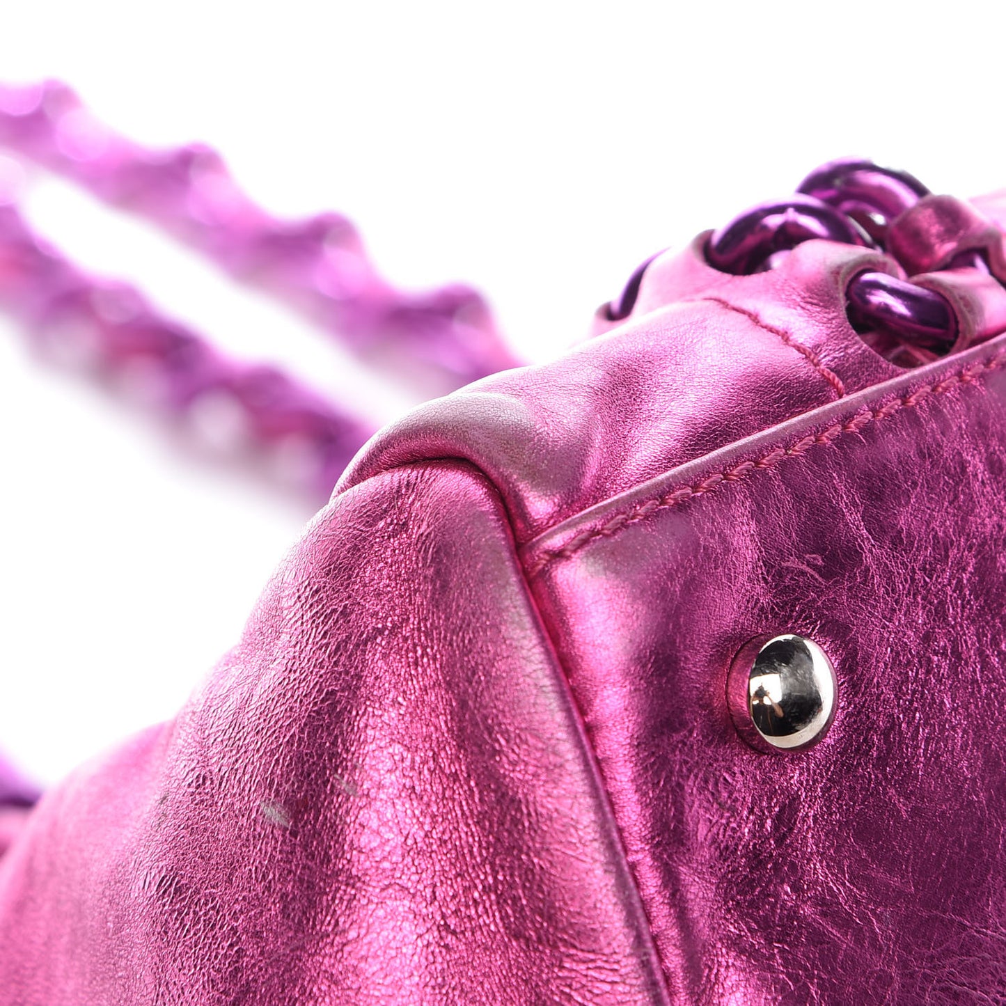 Metallic Cracked Calfskin Small Modern Chain Tote Fuchsia
