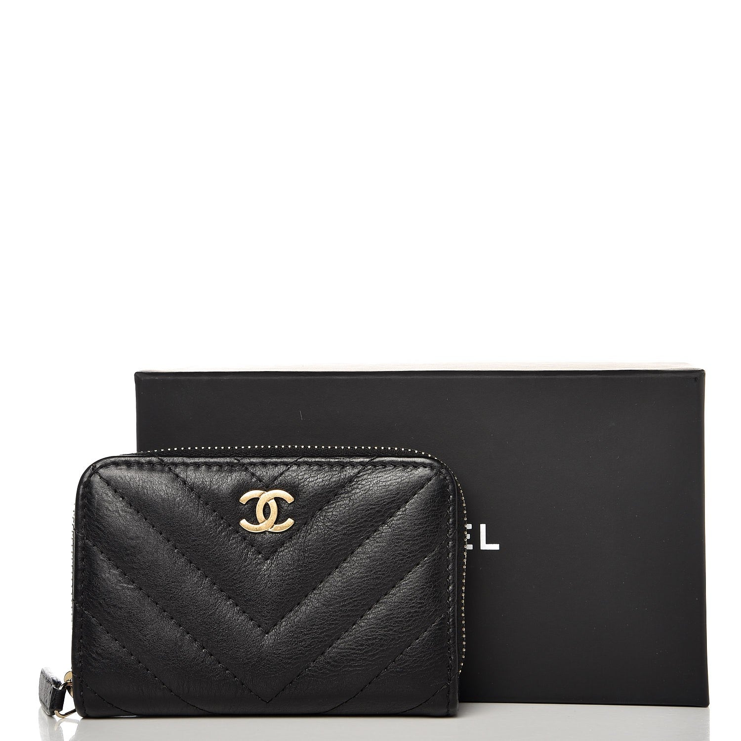 Chanel Calfskin Chevron Quilted Zip Around Coin Purse Black 8 of 8