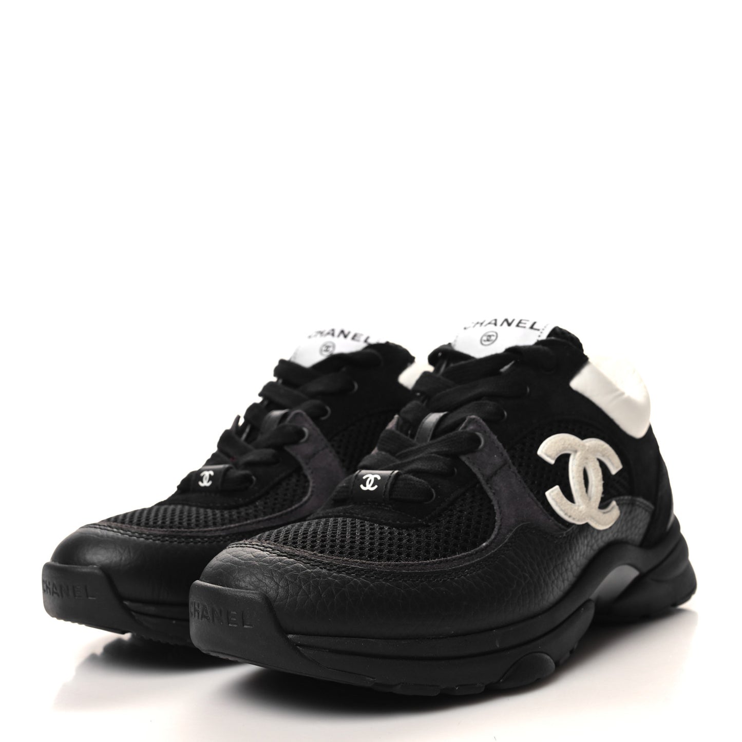 Mesh Suede Grained Calfskin Womens CC Sneakers 37 Black White