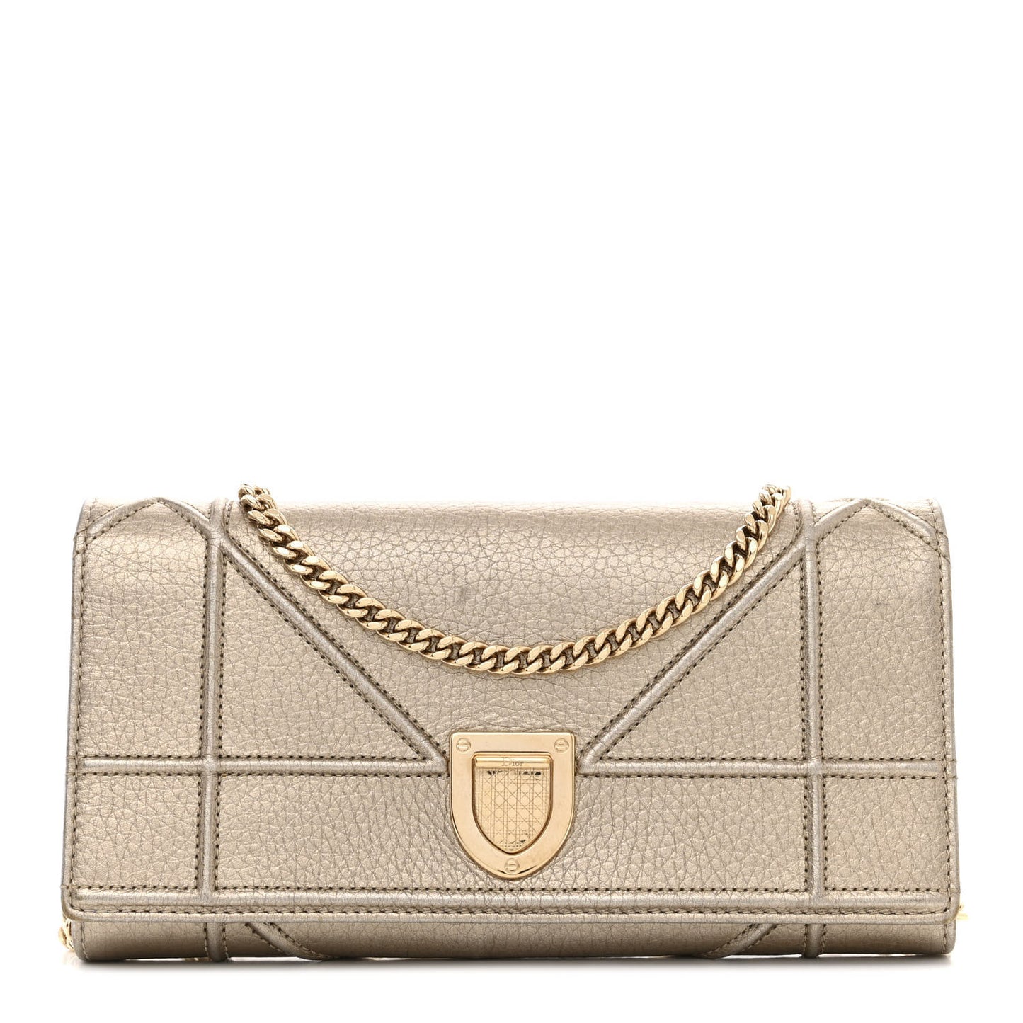 Metallic Grained Calfskin Diorama Croisiere Chain Wallet Gold