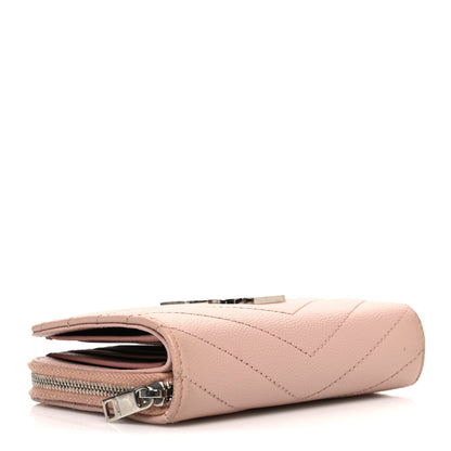 Saint Laurent Grain De Poudre Matelasse Chevron Monogram Compact Zip Around Wallet Pink 4 of 10
