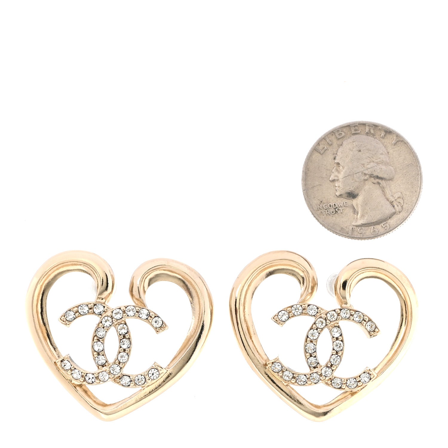 Chanel Metal Crystal CC Logo Heart Earrings Gold 2 of 5