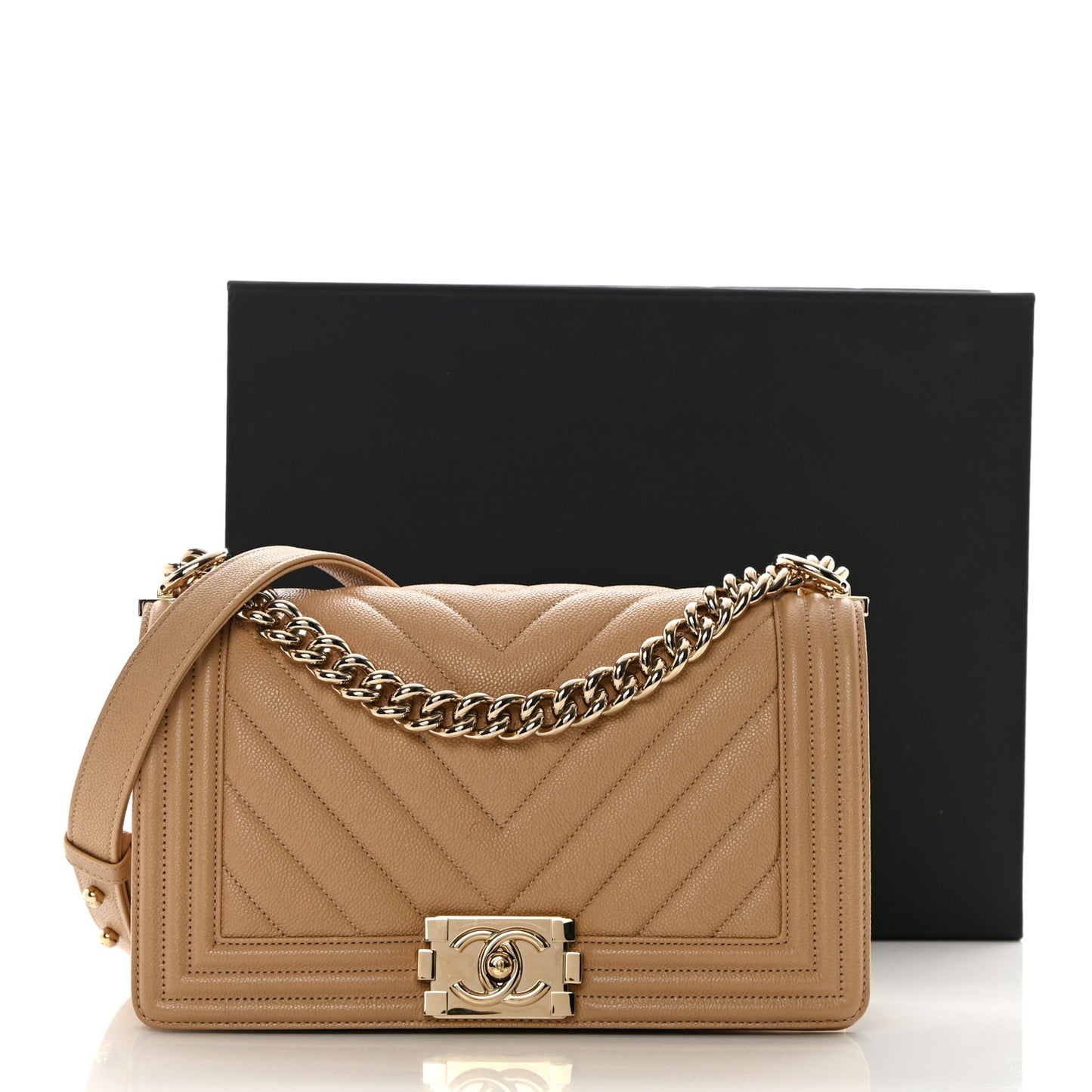 Caviar Chevron Quilted Medium Boy Flap Beige