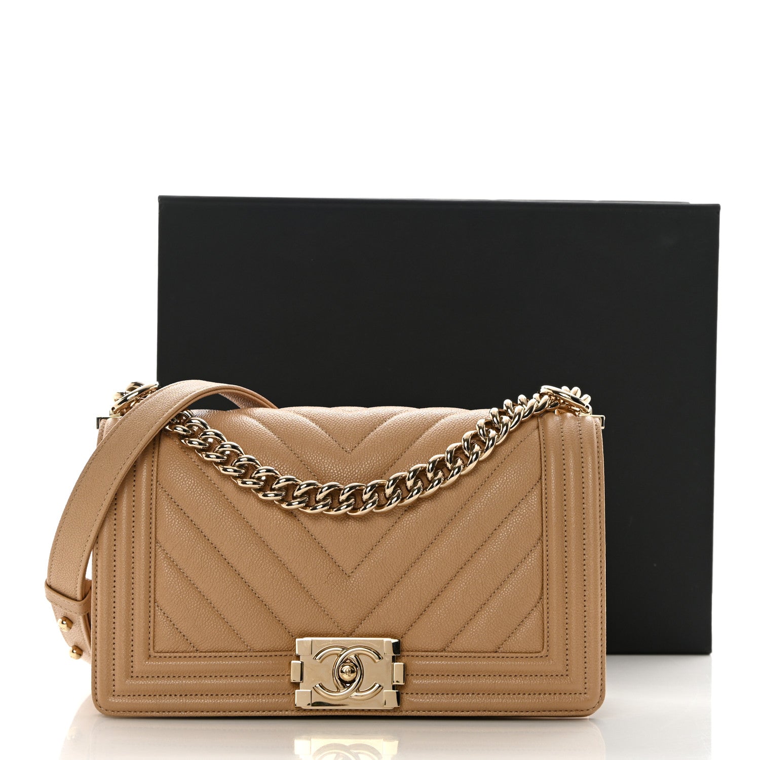 Chanel Caviar Chevron Quilted Medium Boy Flap Beige 13 of 13