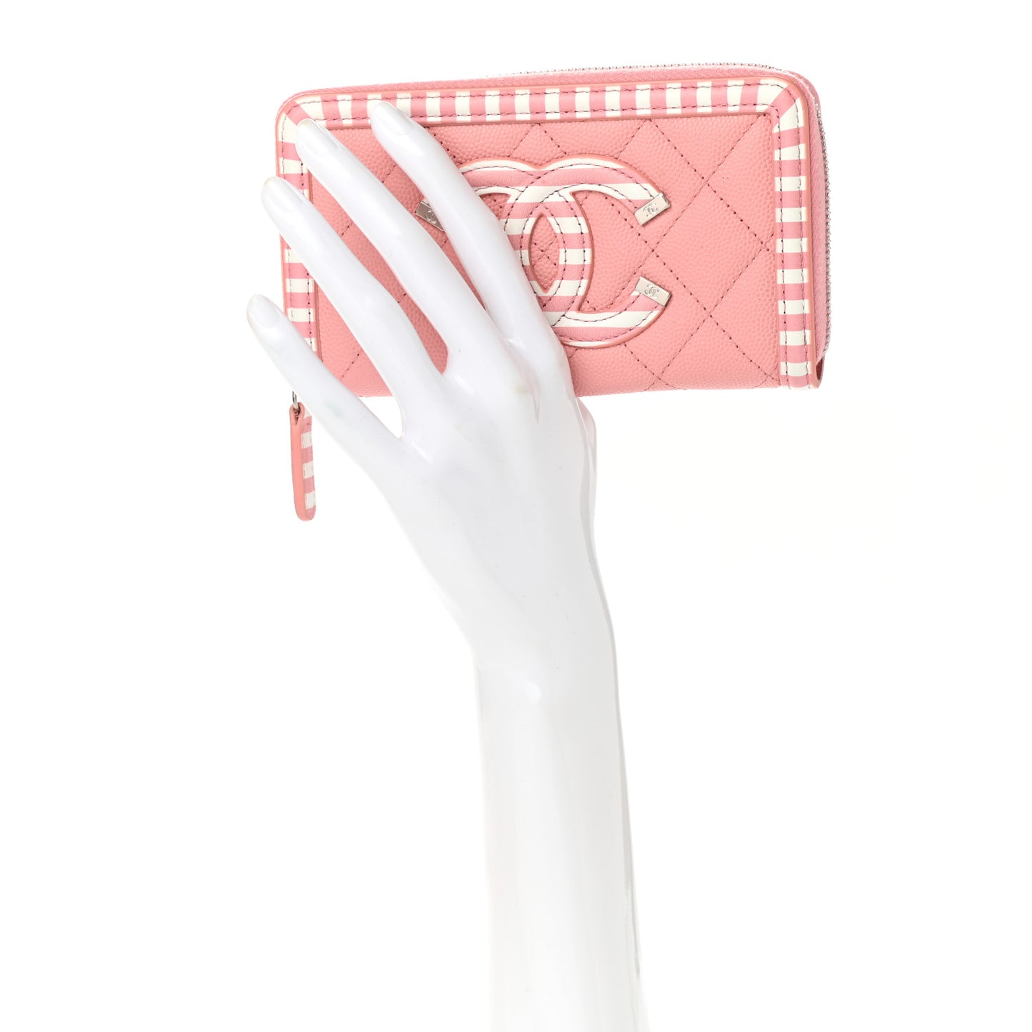 Caviar Quilted Medium Stripe Filigree Zip Around Wallet Pink White