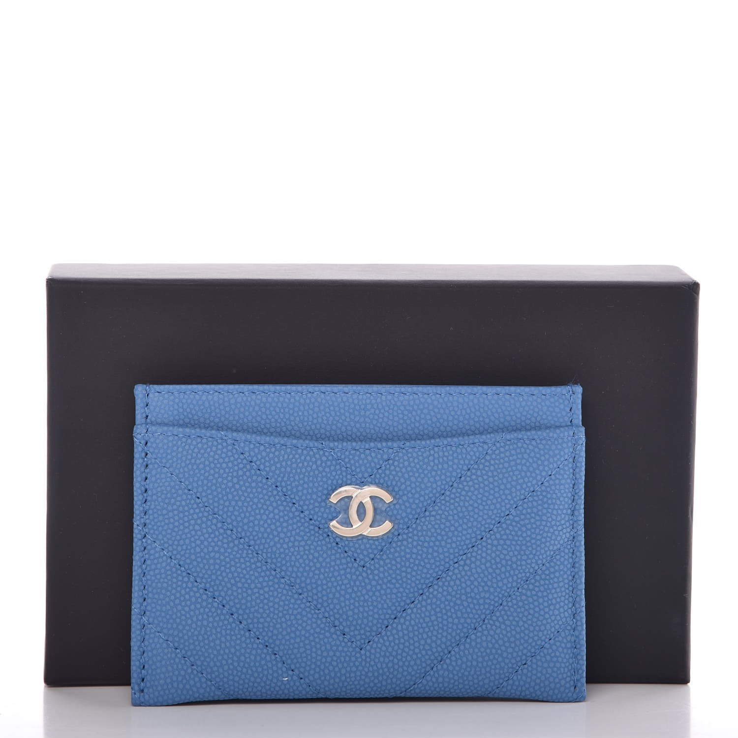 Chanel Caviar Chevron Quilted Card Holder Blue 9 of 9