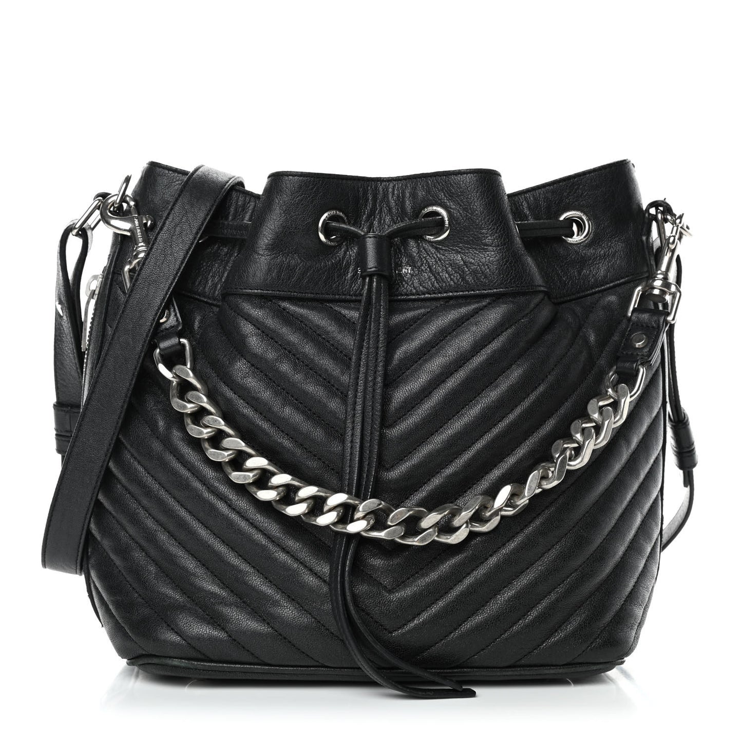 Calfskin Matelasse Chevron Medium Emmanuelle Bucket Bag Black