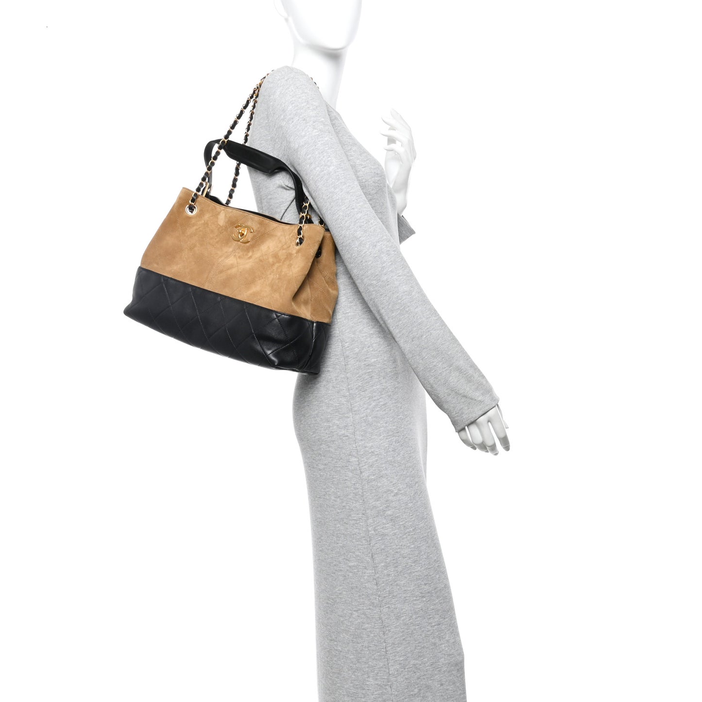 Suede Calfskin Shiny Lambskin Quilted Small Coco Base Shopping Bag Beige Black