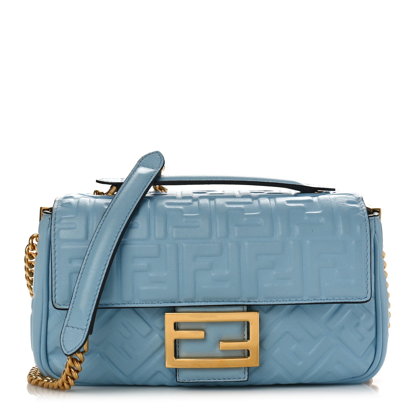 Nappa Small FF Embossed Midi Chain Baguette Azzurro Baby