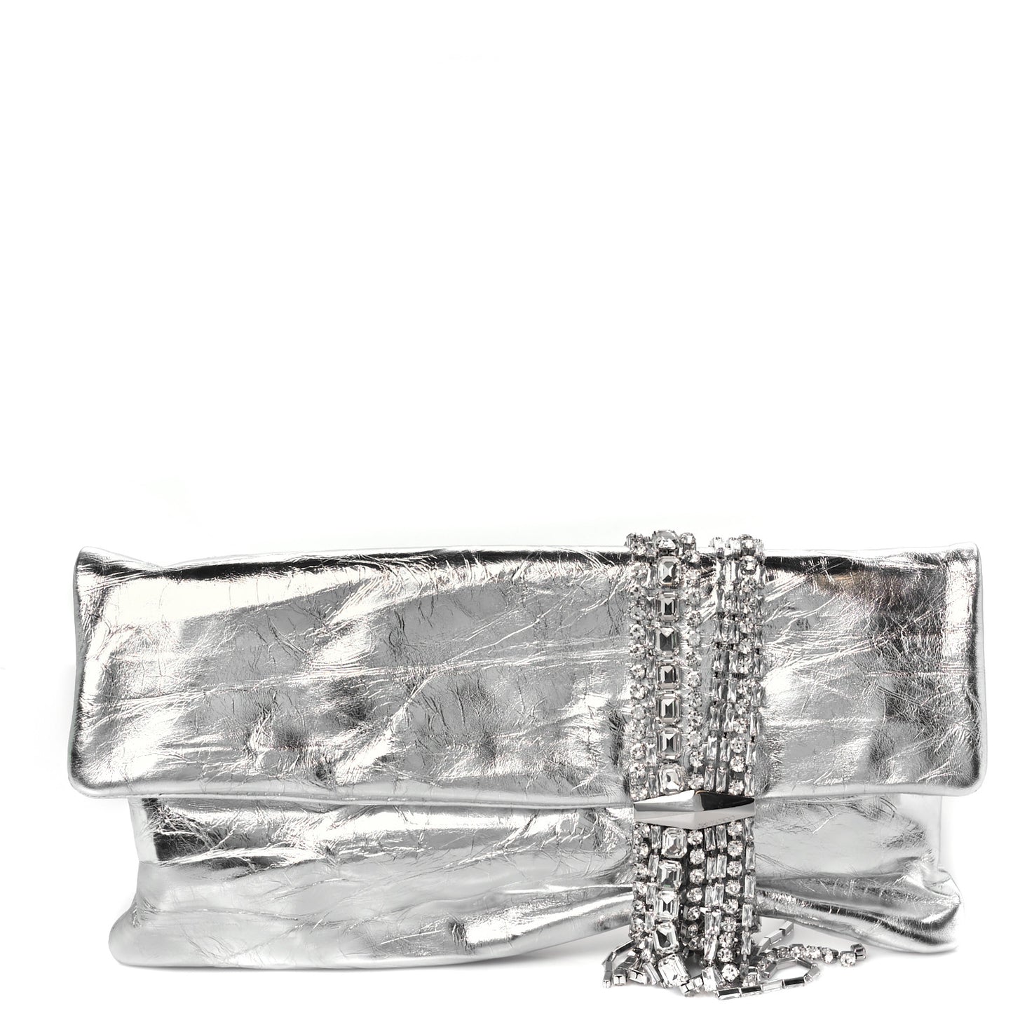 Vintage Metallic Calfskin Crystal Zandra Clutch Bag Silver