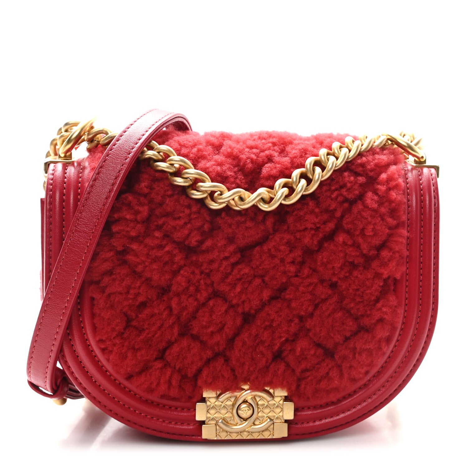 Chanel Calfskin Shearling Quilted Small Boy Messenger Bag Red 1 of 11