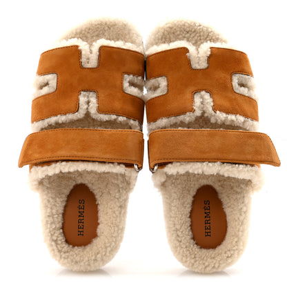 Hermes Suede Goatskin Woolskin Womens Chypre Sandals 37 Brun Fume Ecru 2 of 9