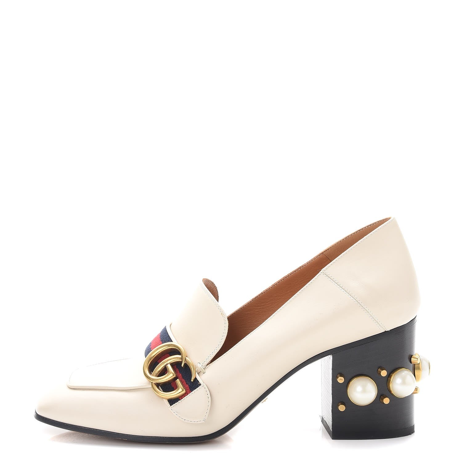 Gucci Calfskin Web Pearl Embellished Peyton Loafer Pumps 40 Ivory 1 of 12