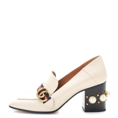 Gucci Calfskin Web Pearl Embellished Peyton Loafer Pumps 40 Ivory 1 of 12