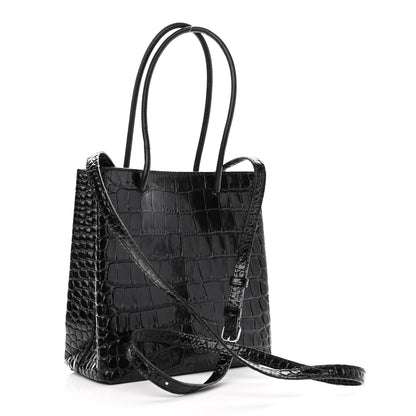 Balenciaga Shiny Calfskin Logo Crocodile Embossed North South Shopper Tote XXS Black White 3 of 10
