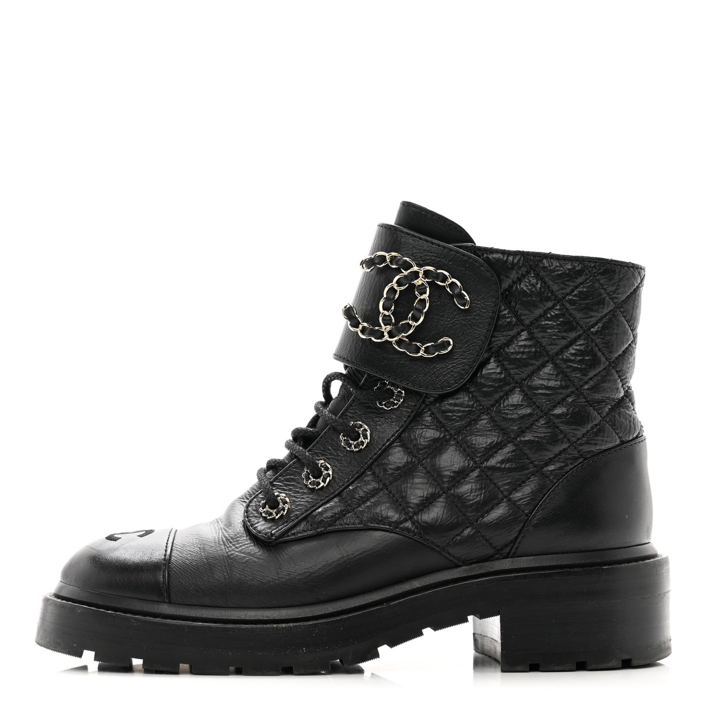 Shiny Calfskin Quilted Lace Up Combat Boots 37.5 Black