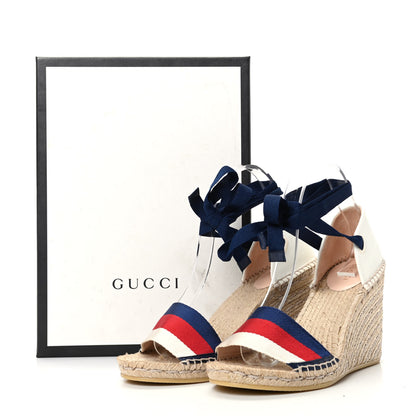 Gucci Canvas Sylvie Web Ankle Wrap Espadrille Wedge Sandals 40 Mystic White Hibiscus Red Maritime 8 of 8