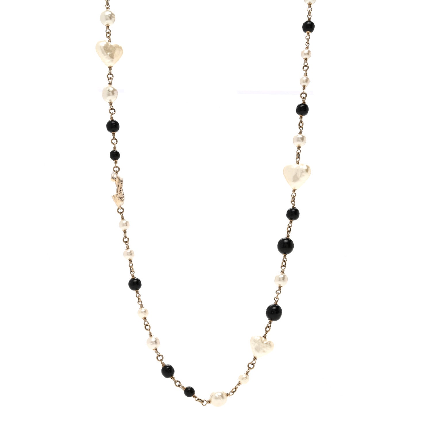 Chanel Pearl Bead Heart CC Long Necklace Gold Black 1 of 6