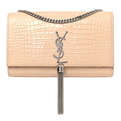 Saint Laurent Calfskin Crocodile Embossed Medium Classic Monogram Kate Tassel Satchel Nude Powder 1 of 12