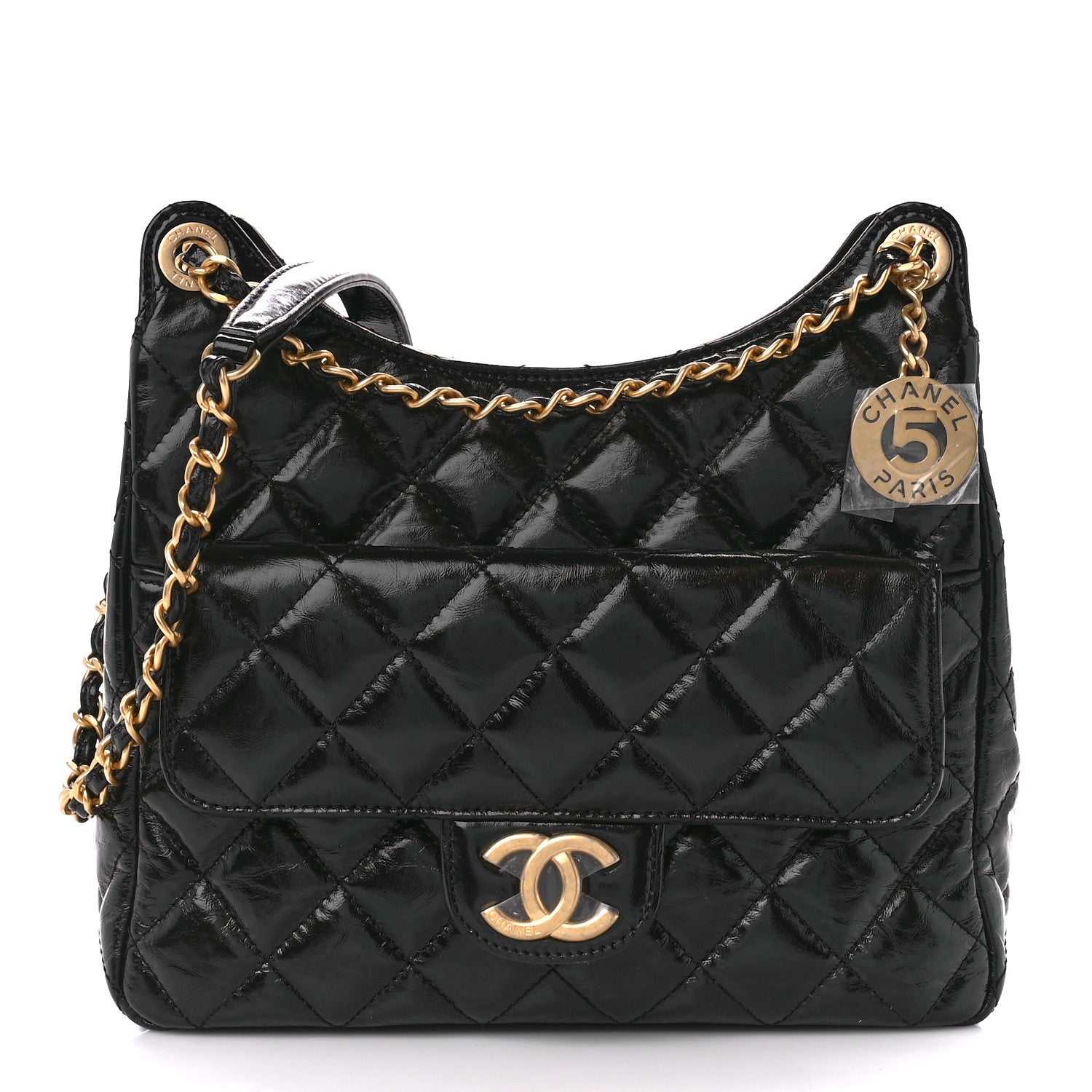 Chanel Shiny Crumpled Calfskin Quilted Wavy CC Hobo Black 1 of 12