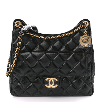 Chanel Shiny Crumpled Calfskin Quilted Wavy CC Hobo Black 1 of 12