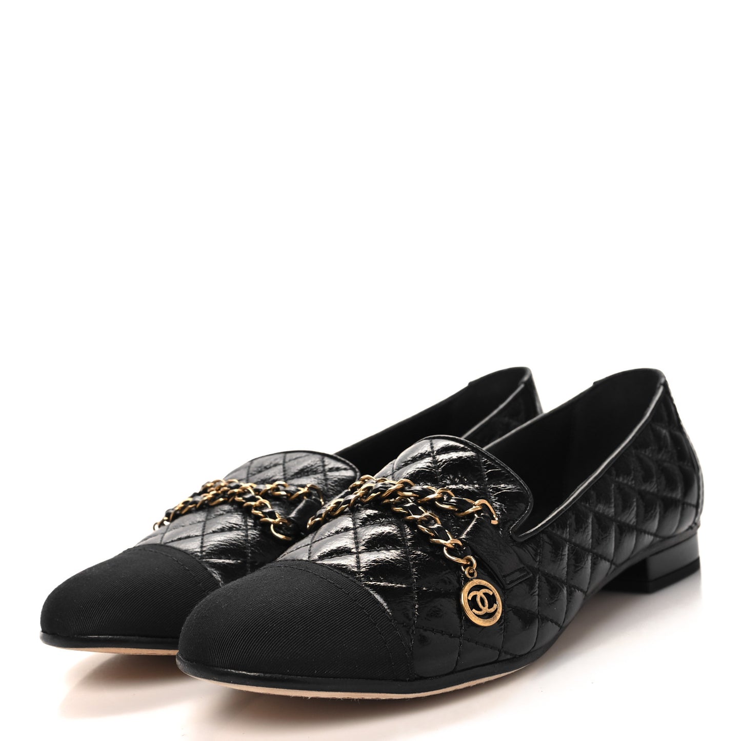 Grosgrain Glazed Lambskin Quilted Chain Loafers 37 Black