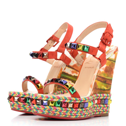 Christian Louboutin Lambskin Suede Cubana Cataclou 140 Wedge Sandals 35 Poppy 6 of 24