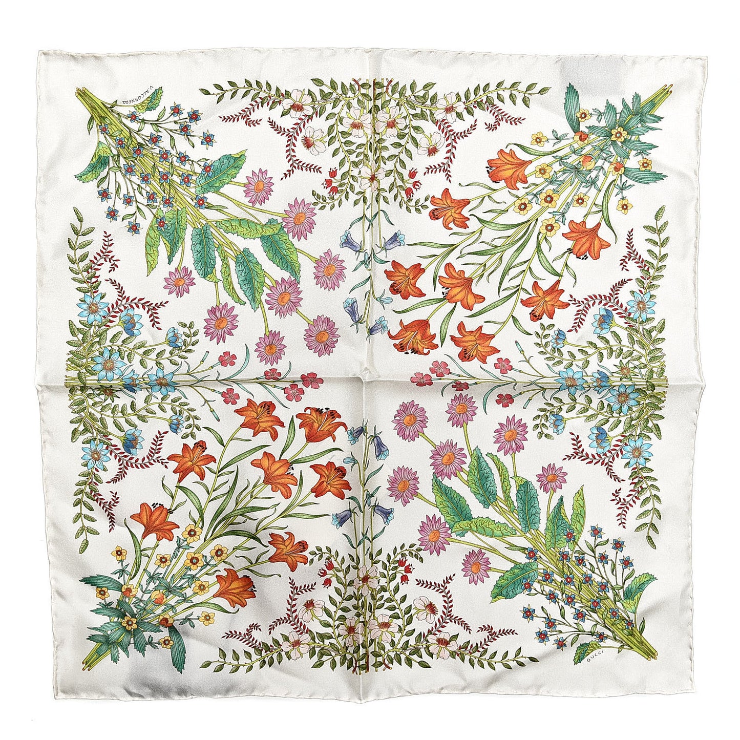 Silk Twill Nuovoflora Square Handkerchief Ivory Blue