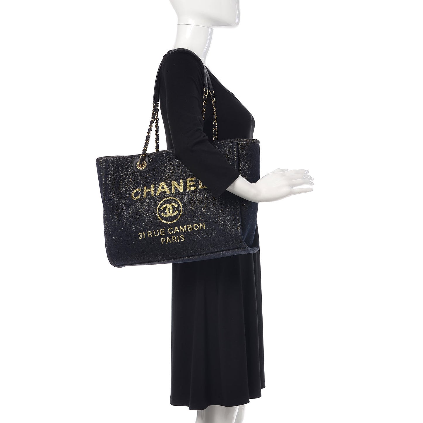 Lurex Canvas Small Deauville Tote Navy Blue Gold