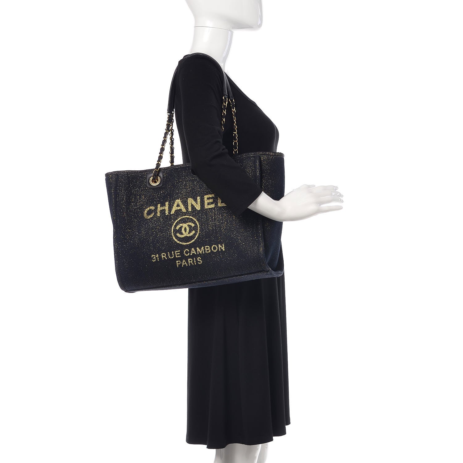 Chanel Lurex Canvas Small Deauville Tote Navy Blue Gold 2 of 10